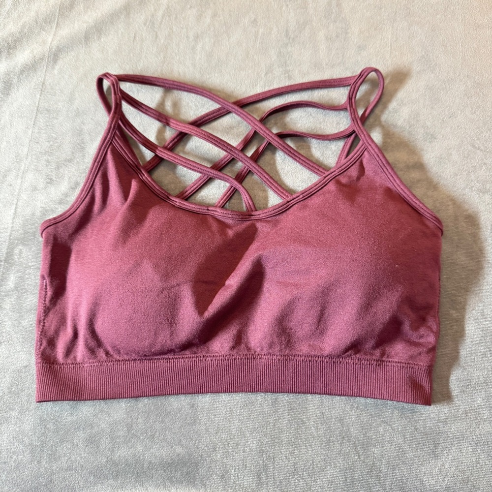 Zenana Womens Sports Bra S/M Burgundy Strappy Lattice Seamless Athleisure Boho